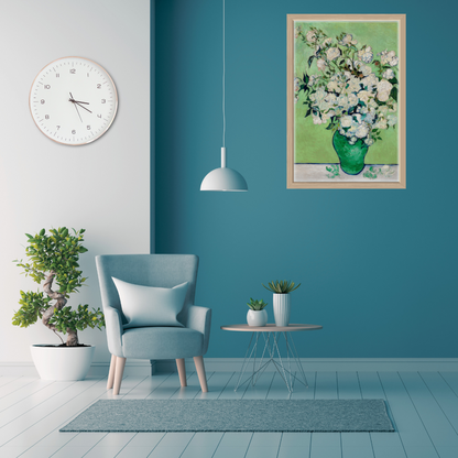 Vincent van Gogh Roses print displayed in a minimalist home setting with a blue and gray interior and plant decor.