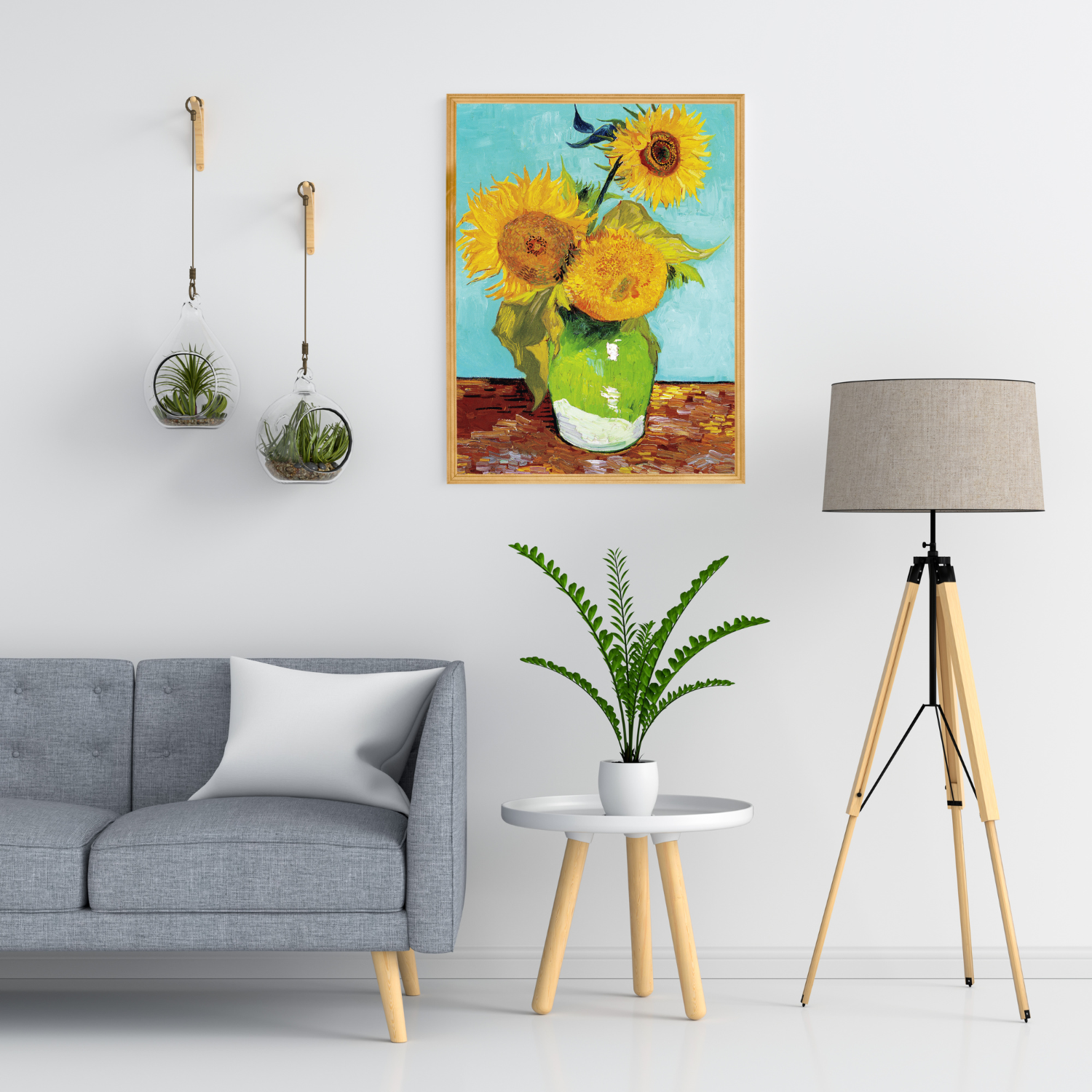 Large Sunflowers canvas hanging above a grey linen sofa in a bright living room.