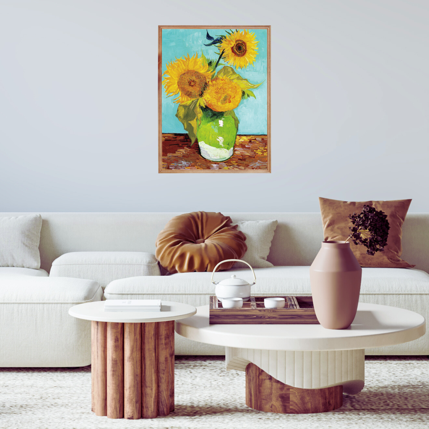Framed Van Gogh Starry Night print above a neutral sofa in a modern neutral and wood living room.