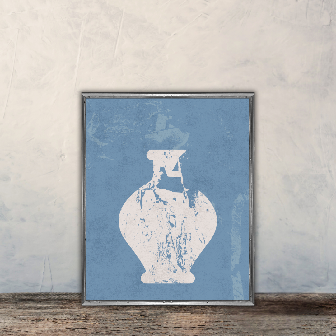 Framed artwork of a neutral abstract vase on a muted blue background, leaning against a textured wall.