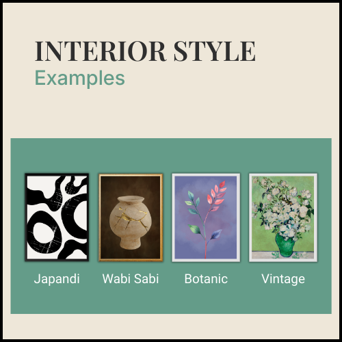 Four framed art pieces of Japandi, Wabi Sabi, Botanic, and Vintage depicting the paper style for each print.
