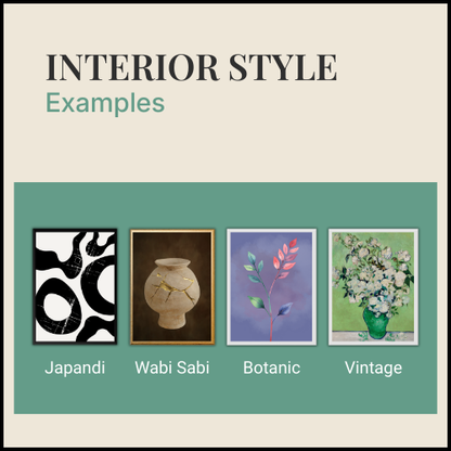 Four framed art pieces of Japandi, Wabi Sabi, Botanic, and Vintage depicting the paper style for each print.