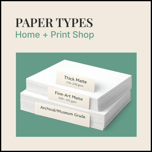 Stacks of paper with labels indicating different paper types with weight in gsm