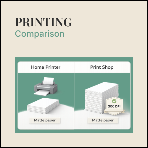 Comparison chart between home printer and print shop printing on matte paper.