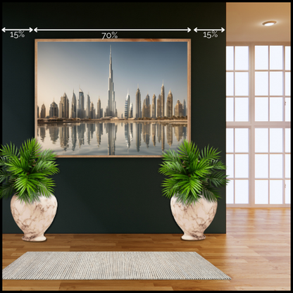 Framed cityscape artwork on a wall with decorative vases and plants indicating Golden Rule of art placement on a wall.