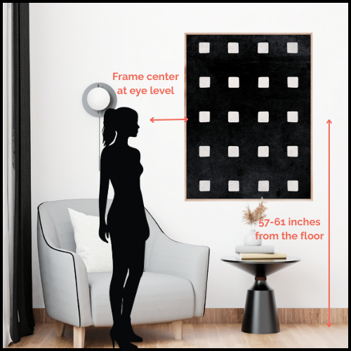 Visual guide showing the correct artwork hanging height at 145-155 cm for balanced gallery-level placement.