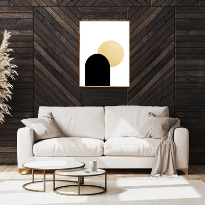 Modern living room with a white sofa, coffee table, and boho geometric wall art.