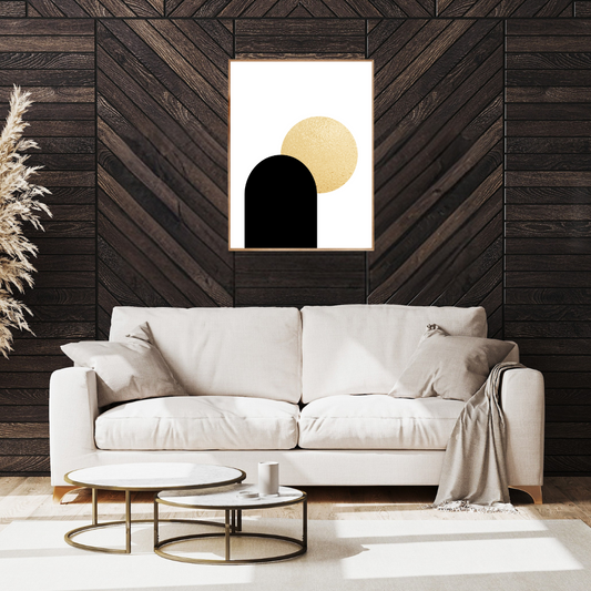 Modern living room with a white sofa, coffee table, and boho geometric wall art.