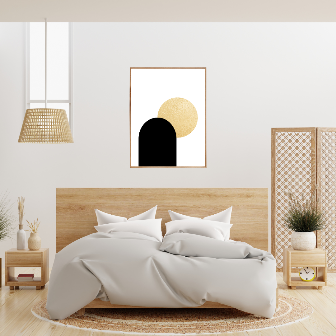 Modern bedroom with rattan decor and wooden headboard, white bedding, and boho style geometric shapes wall art.
