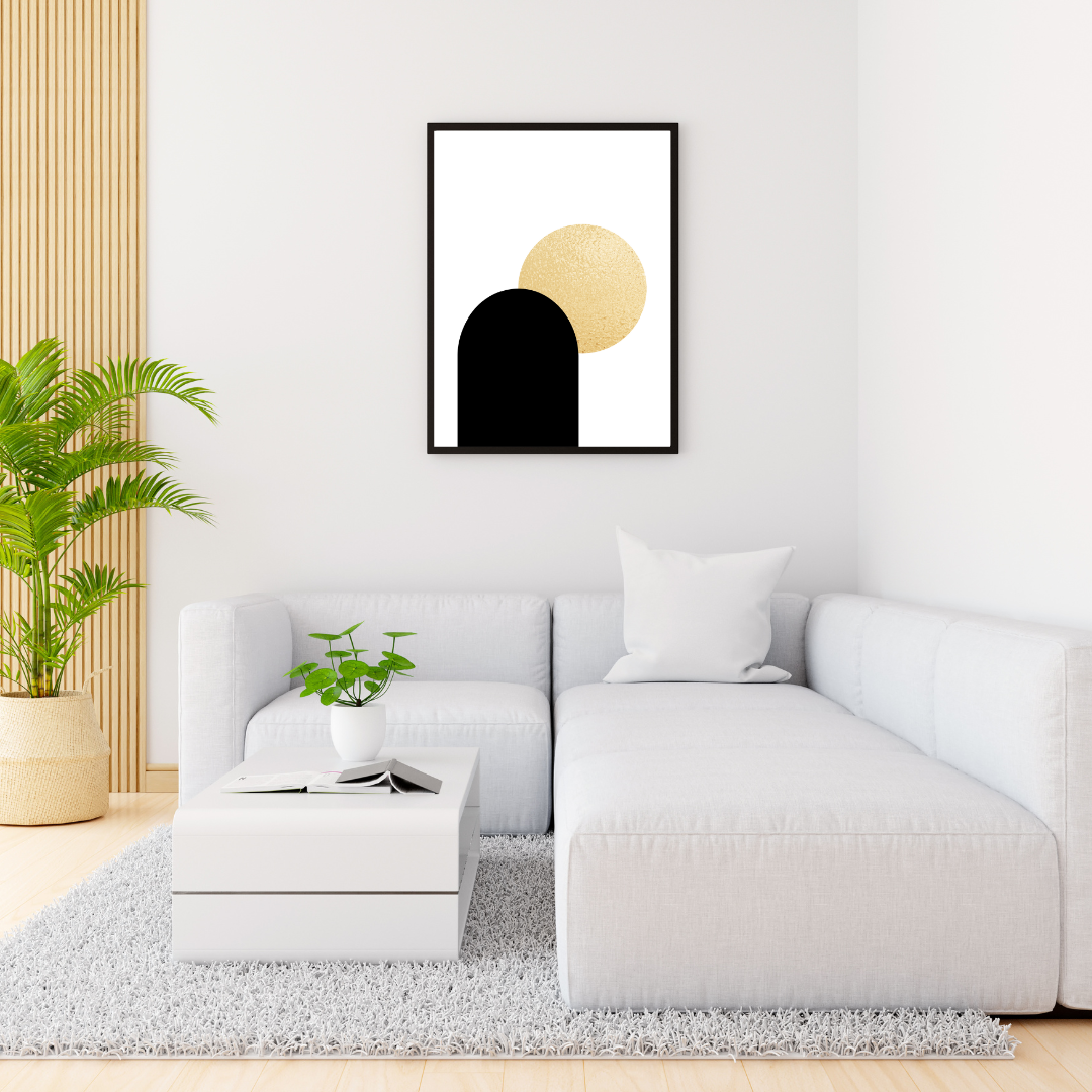 Modern living room with a white sofa, coffee table, and boho abstract geometric art on the wall.