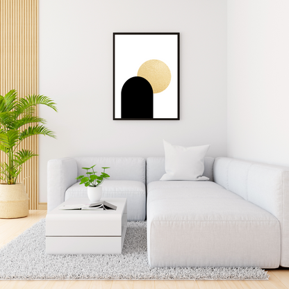 Modern living room with a white sofa, coffee table, and boho abstract geometric art on the wall.