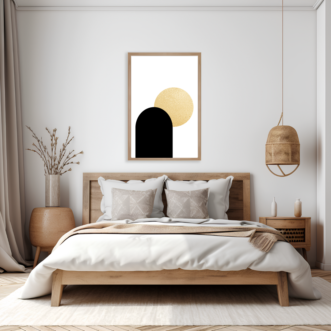 Modern bedroom with wooden bed, boho style abstract art on the wall, and decorative rattan elements.