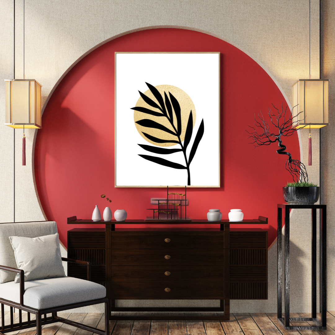 Modern interior design with a red backdrop circle embedded in a neutral wall with a framed black, white and gold boho abstract art, and dark wood furniture.
