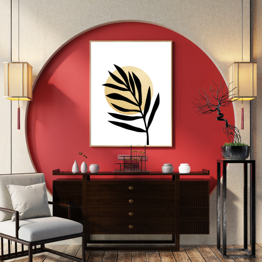 Modern interior design with a red backdrop circle embedded in a neutral wall with a framed black, white and gold boho abstract art, and dark wood furniture.
