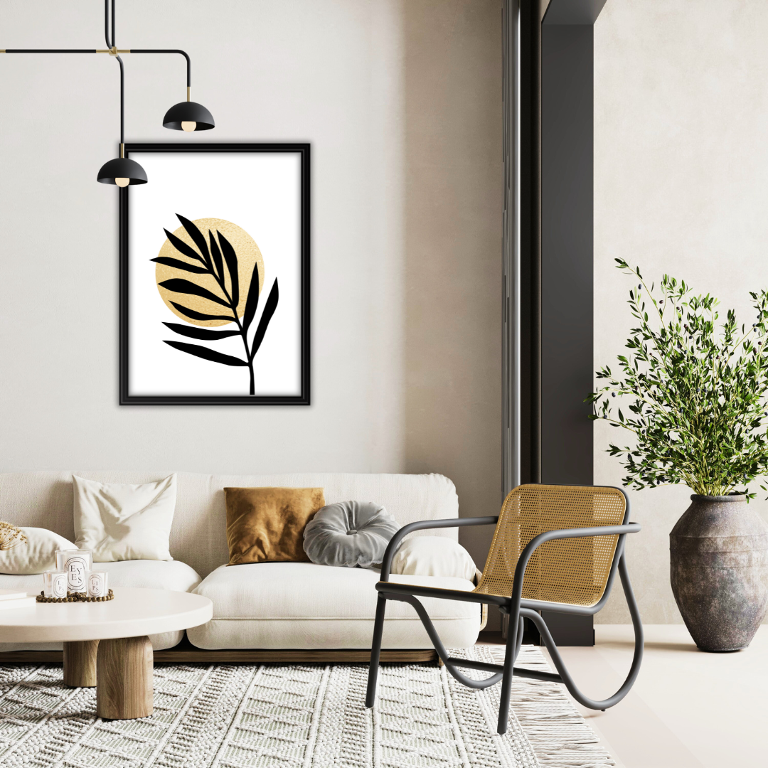 Modern living room with a white sofa, armchair, and decorative boho leaf wall art.
