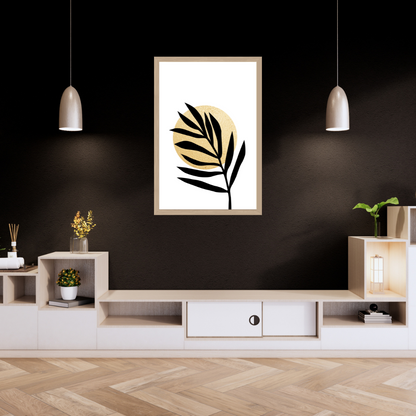 Framed boho style artwork of a leaf on a dark wall above a wooden entertainment unit.