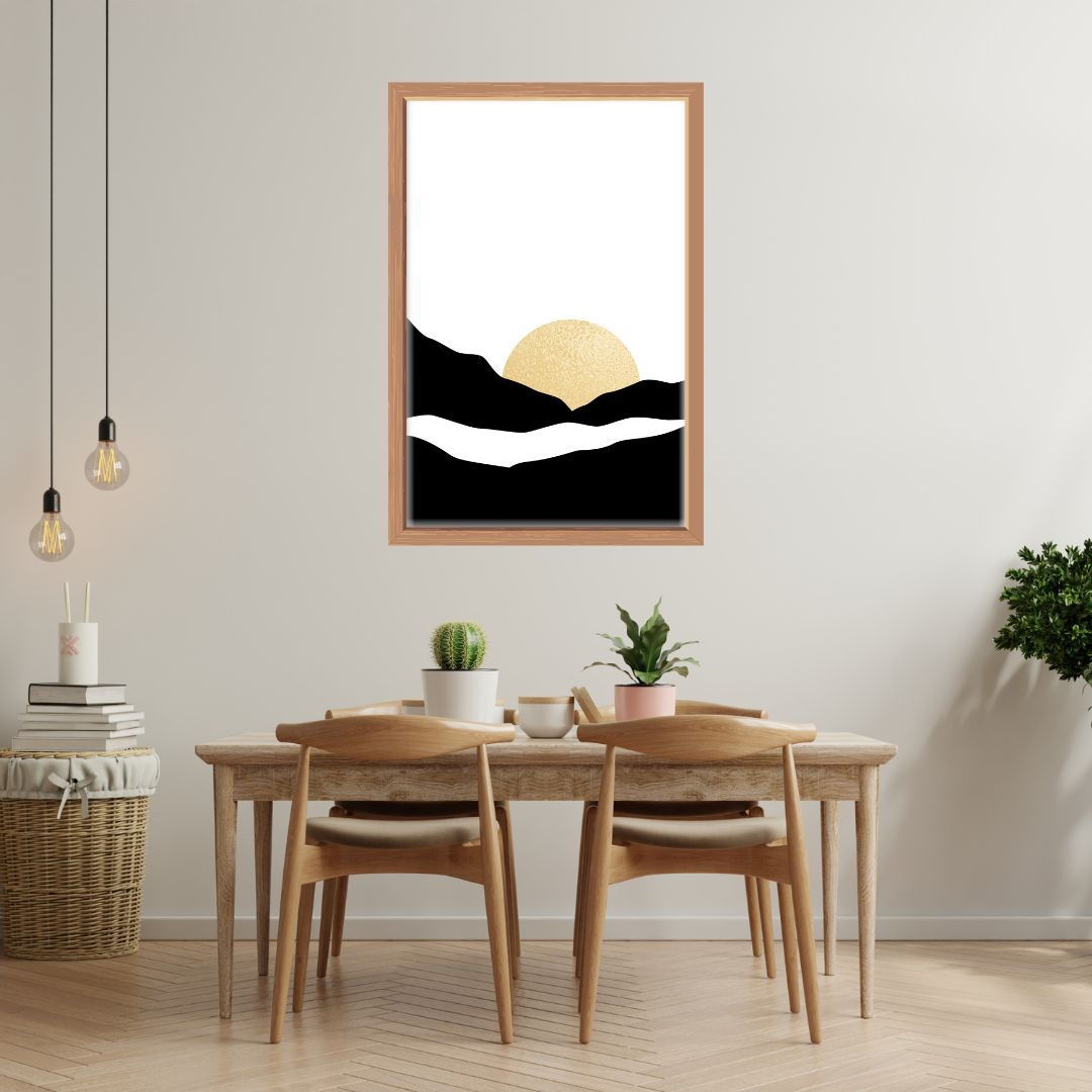 Neutral dining room with wooden table and chairs, framed boho black and gold artwork on the wall, and potted plants.