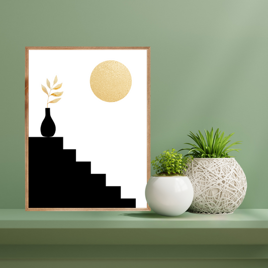 Framed boho black and gold abstract art piece on a green shelf with decorative vases below.