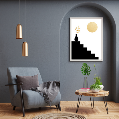 Modern dark grey toned interior reading nook and a wooden side table with an arch featuring a boho style gold and black artwork of a staircase and a golden sun.