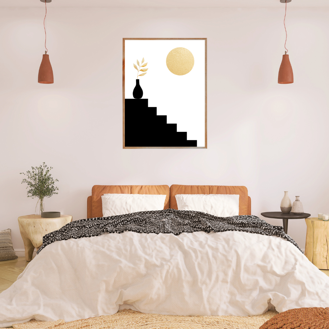 Modern bedroom in neutral, tan and white tones featuring a boho style gold sun and black staircase art piece above a bed.