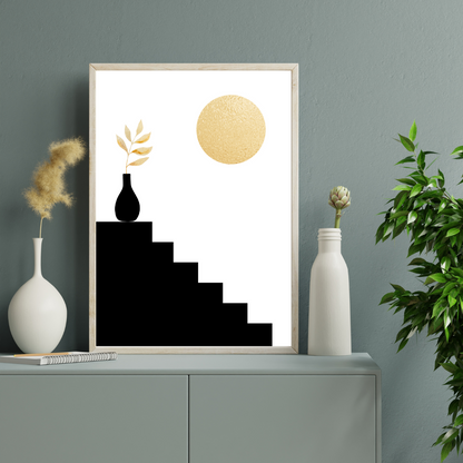 Framed boho abstract art piece on a deep grey shelf with decorative vases and plants.