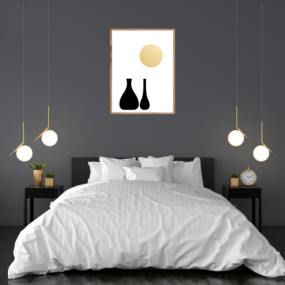 Modern bedroom with a bed, nightstands, and wall art featuring black boho vases and a golden sun mounted on a dark wall.