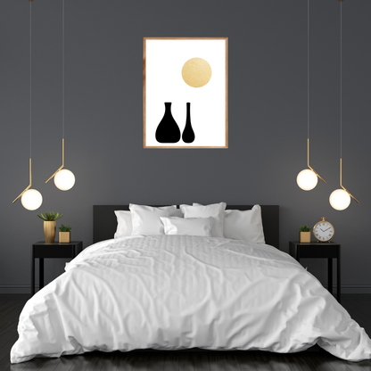 Modern bedroom with a bed, nightstands, and wall art featuring black boho vases and a golden sun mounted on a dark wall.