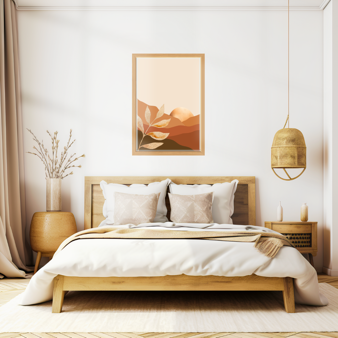 Earth-toned Boho wall art displayed in a boho-style bedroom with wooden and ratan decor.