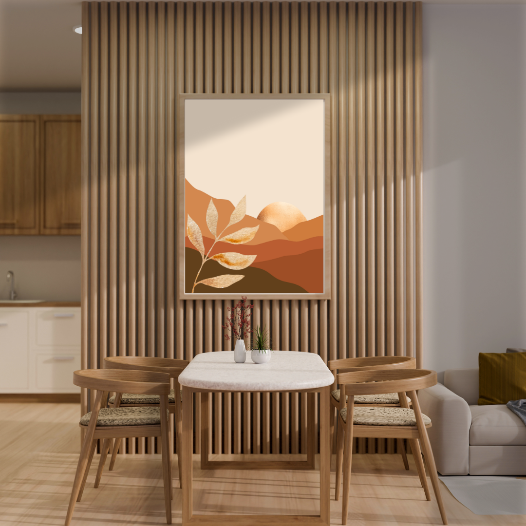 Wooden breakfast nook home decor featuring a boho layered mountain artwork on earth tones with a touch of gold.