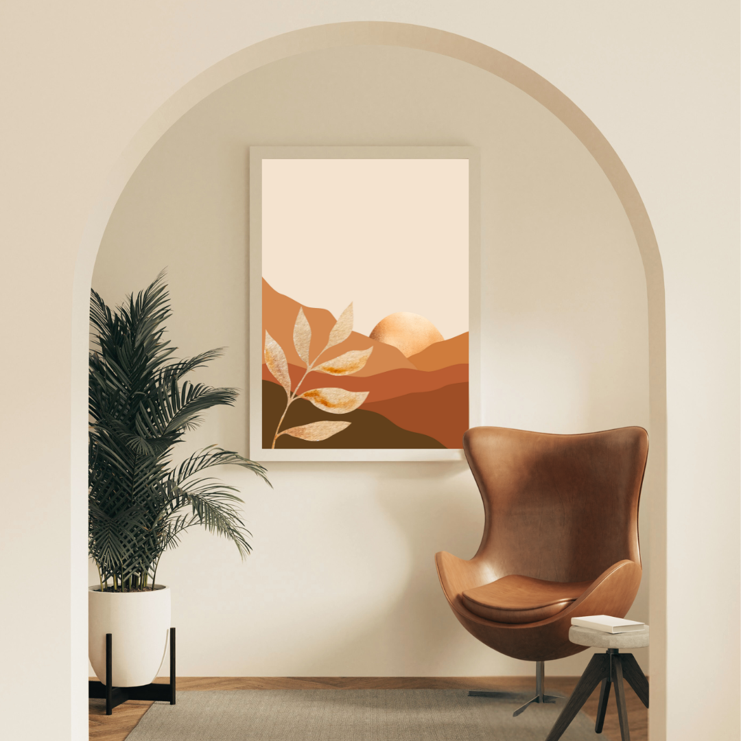 Printable boho artwork hanging in a modern reading nook.
