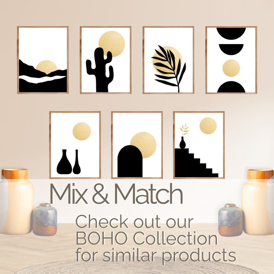 Set of boho gold and black abstract wall art prints on a gallery wall with text promoting a BOHO Collection.