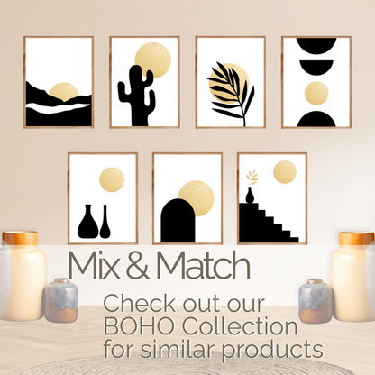Set of boho gold and black abstract wall art prints on a gallery wall with text promoting a BOHO Collection.