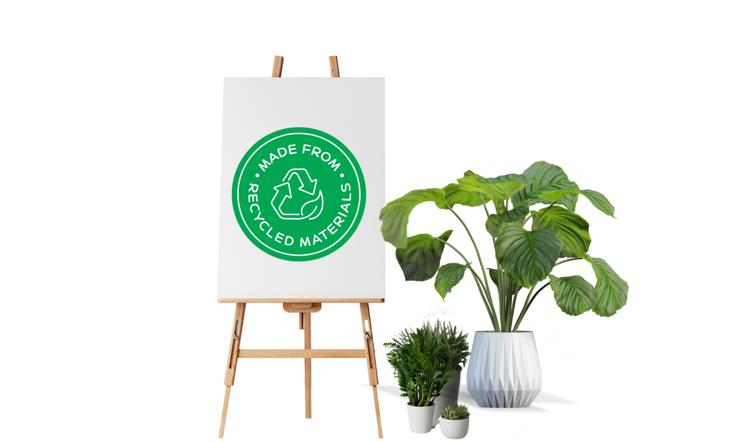 Eco-conscious canvas print with a ‘Made from Recycled Products’ stamp highlighting sustainable materials.