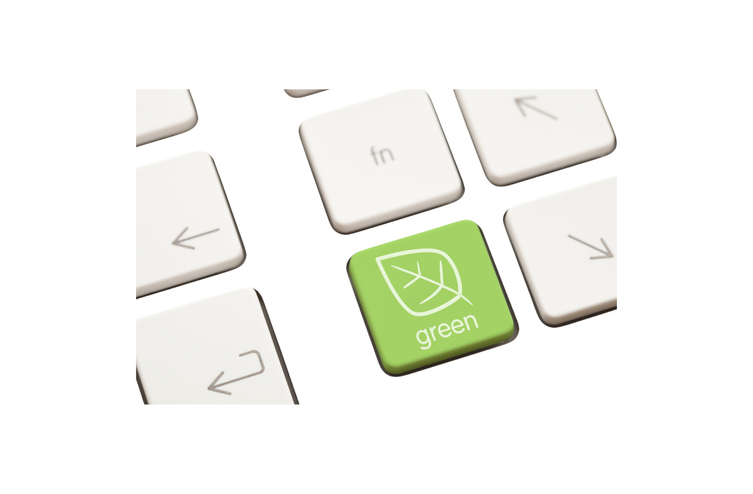 Close-up of a laptop keyboard with a green ‘Go Green’ button symbolizing sustainable digital choices.