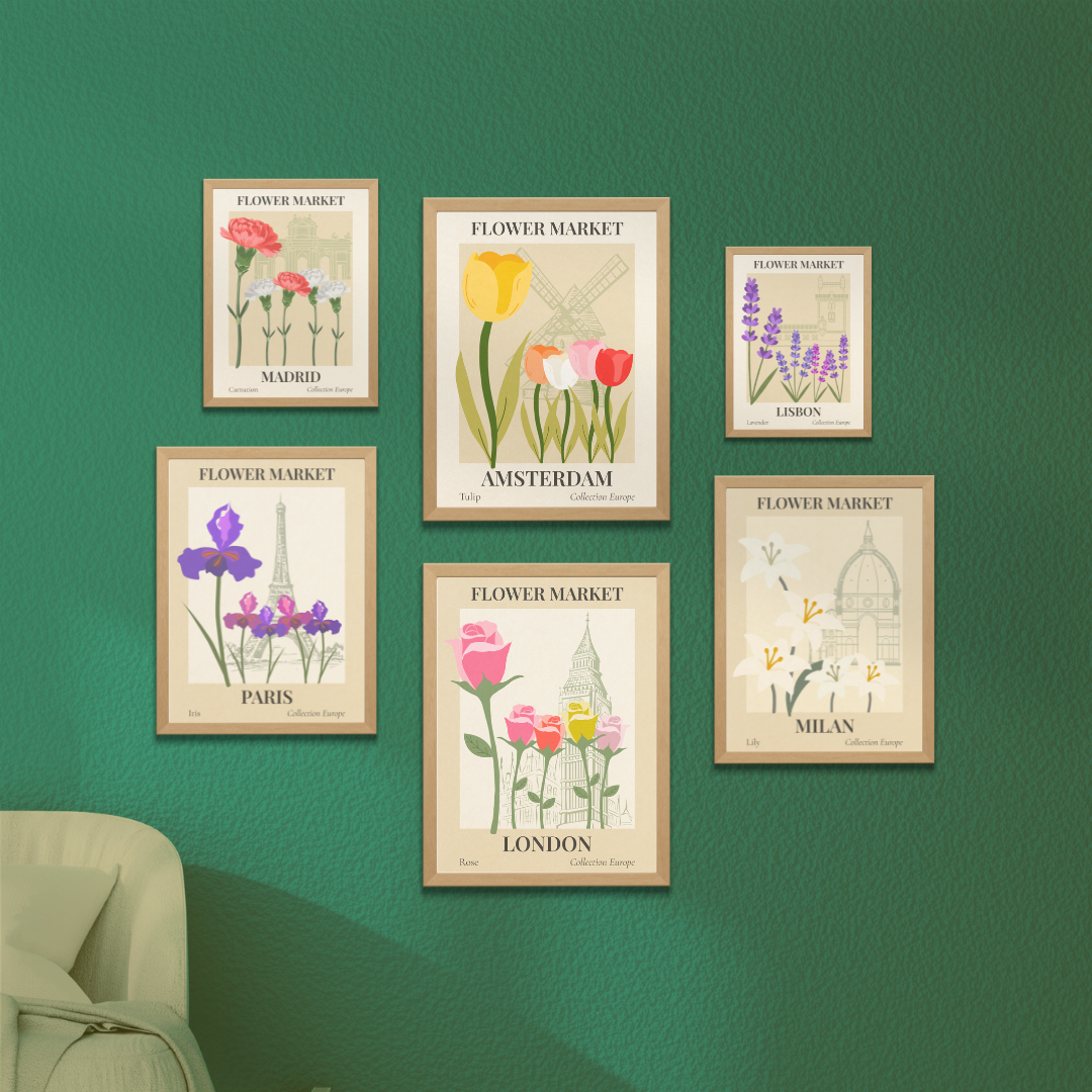 Set of flower market wall art prints on a green wall with a chair in the corner.