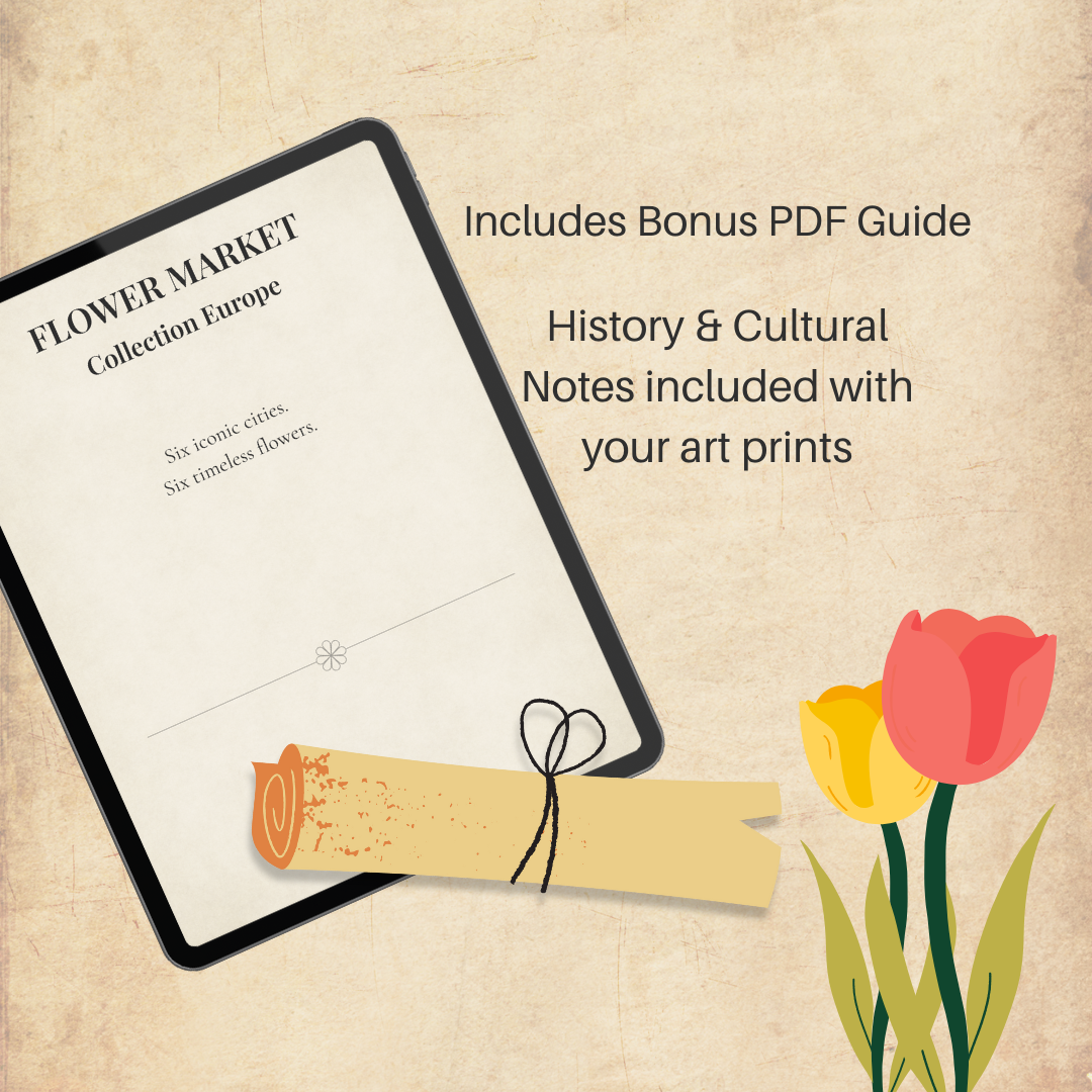 Flower market PDF history and cultural guide for European cities in a tablet mockup on a textured background.