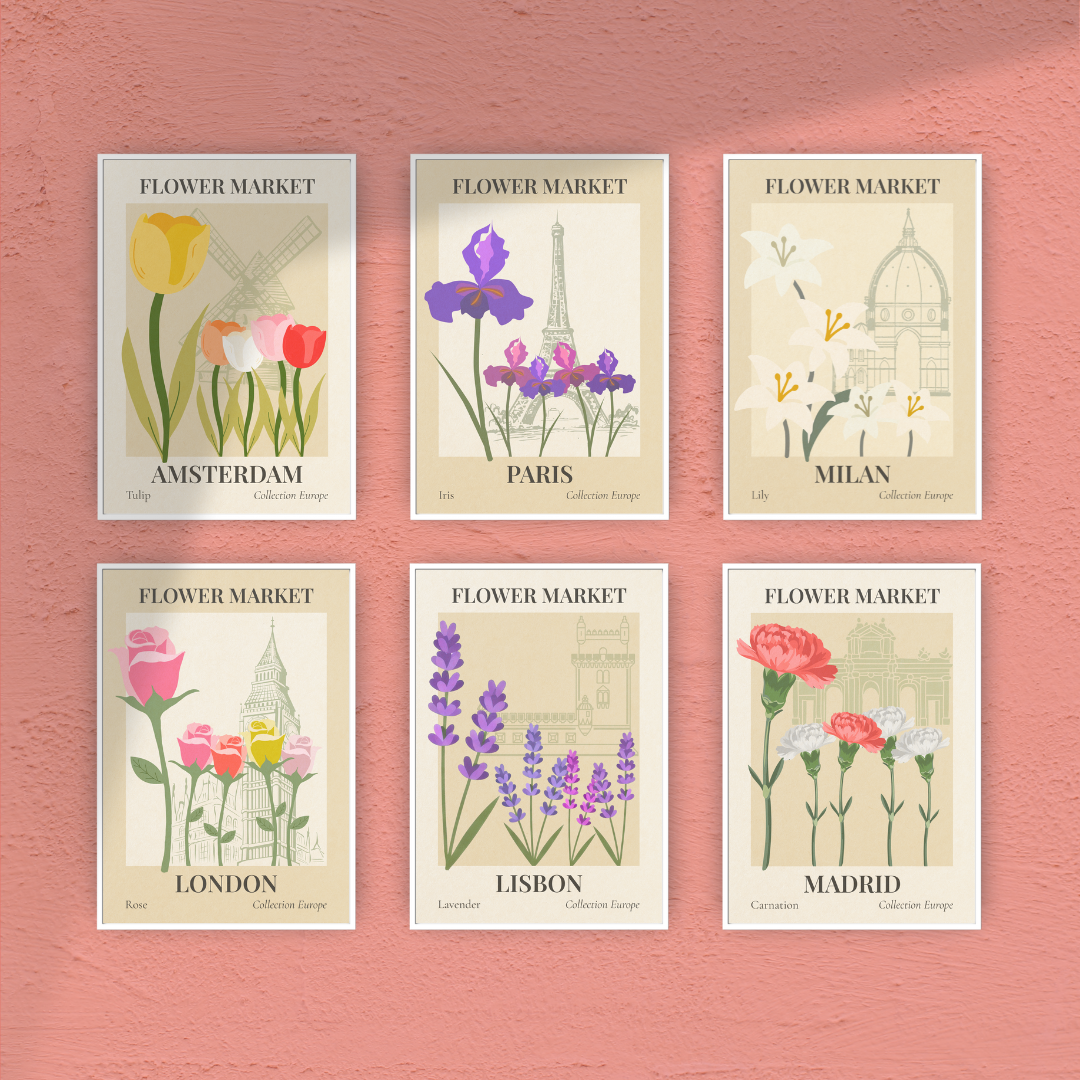 Set of six floral flower market posters on a pink background