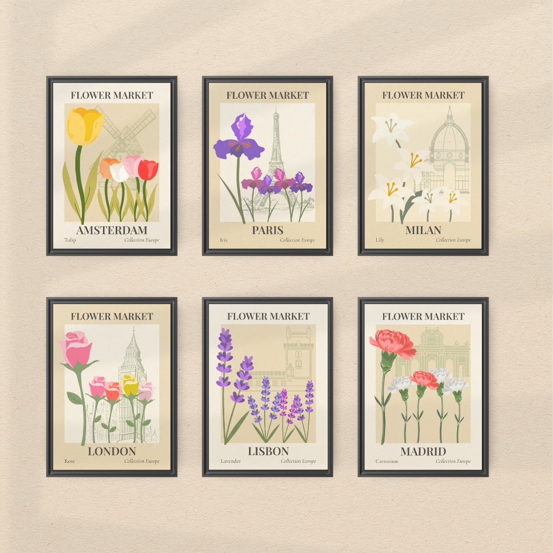 Set of six framed floral prints with European city names on a beige wall.
