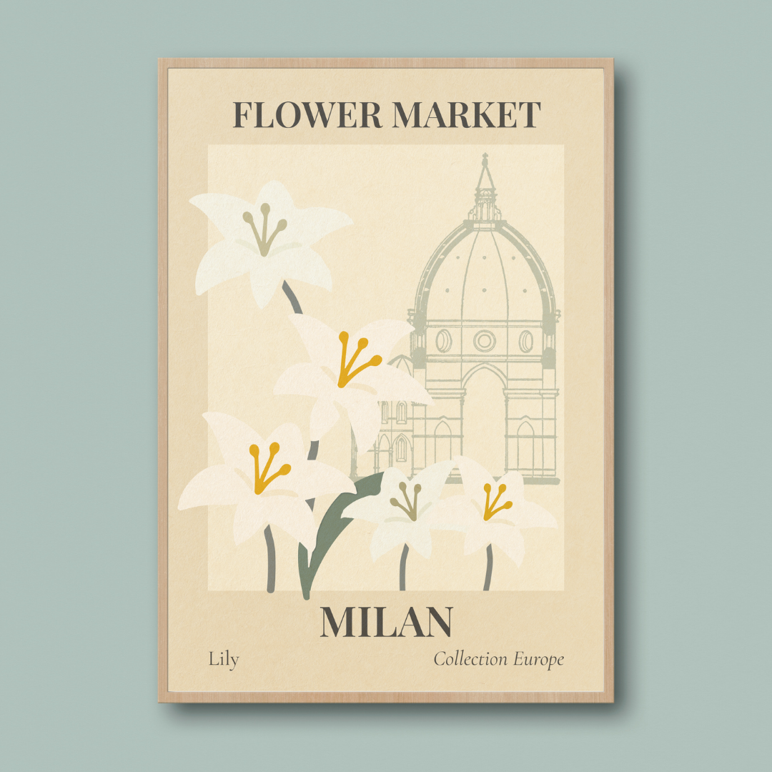 Framed artwork with lily flowers and architectural design of Milan on a light blue background