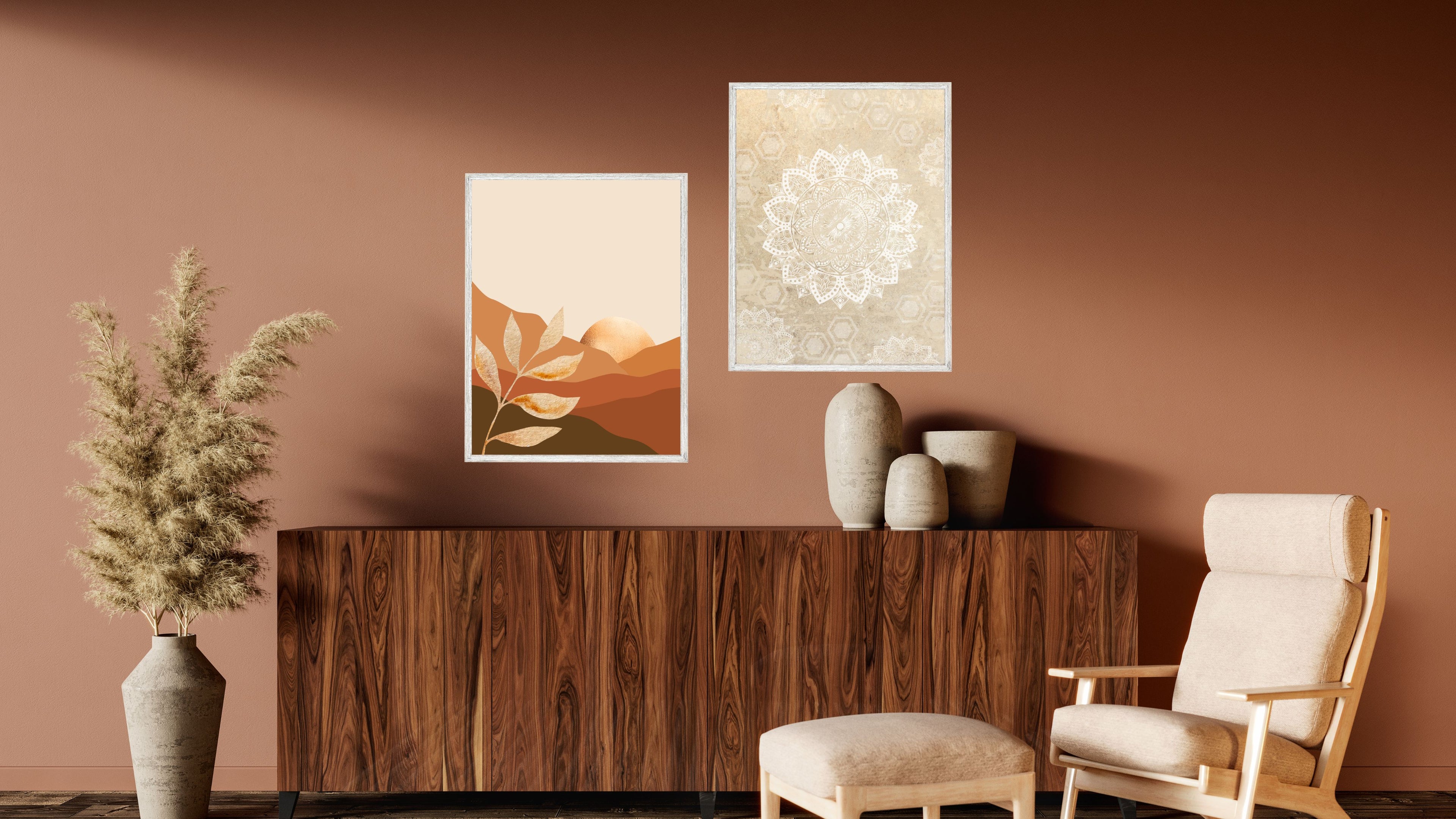 Boho-style gallery wall featuring earthy abstract and botanical prints in warm coral and beige tones from Oasis Digital Art.