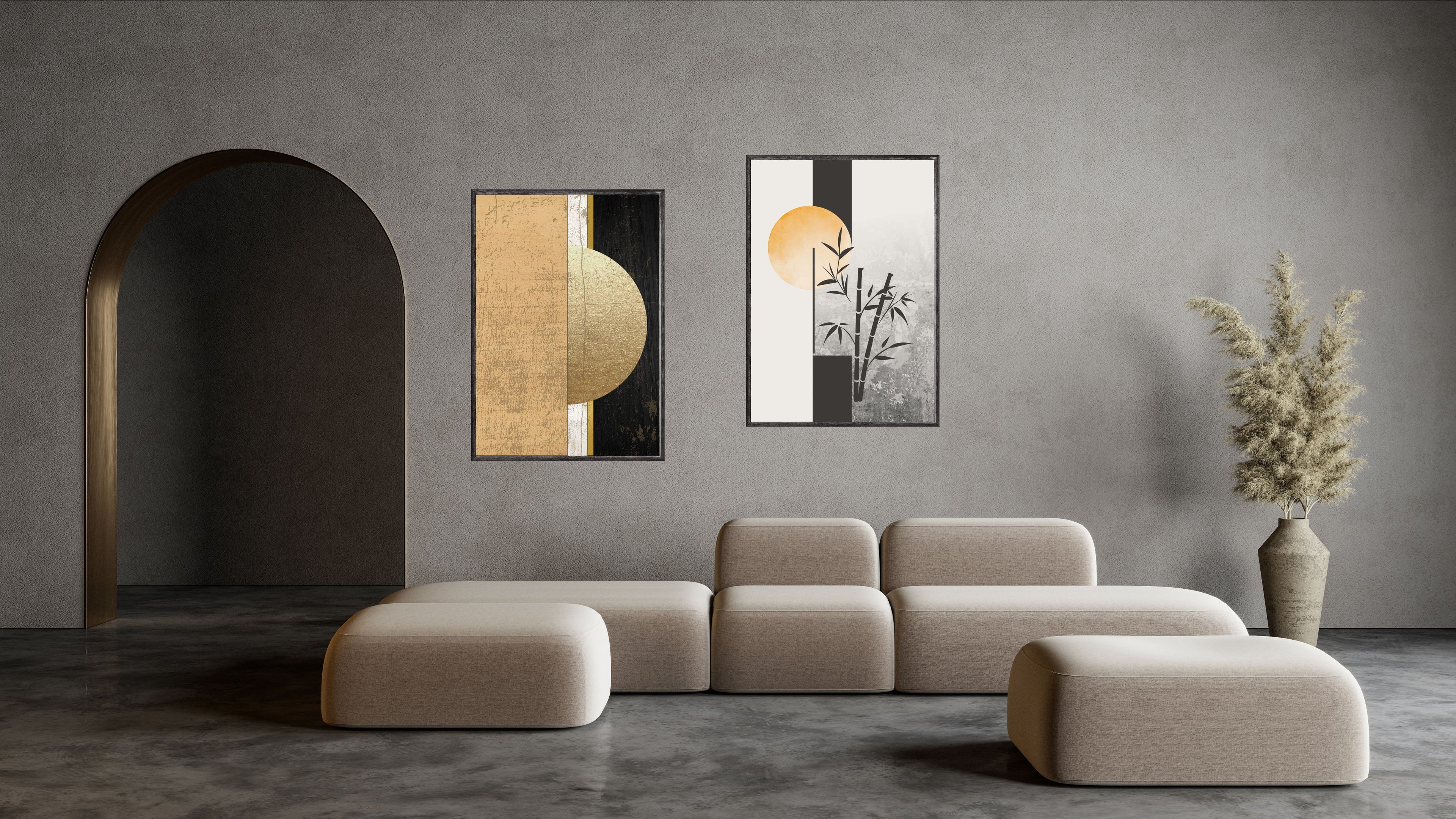 Minimalist Japandi-style gallery wall featuring soft neutral prints in a serene modern living room, promoting Oasis Digital Art.
