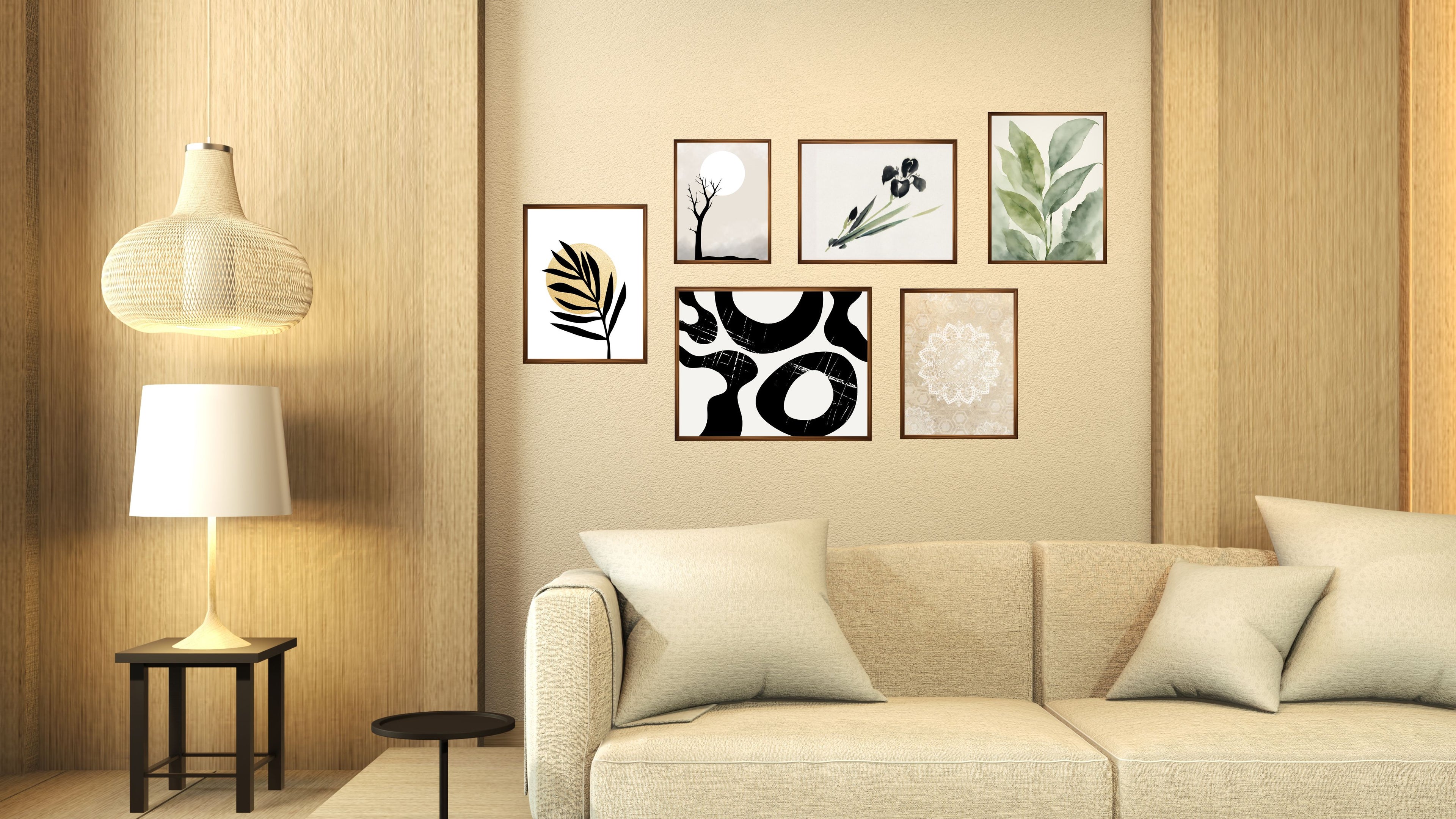 Contemporary gallery wall combining abstract, botanical, and vintage art prints in beige tones by Oasis Digital Art.