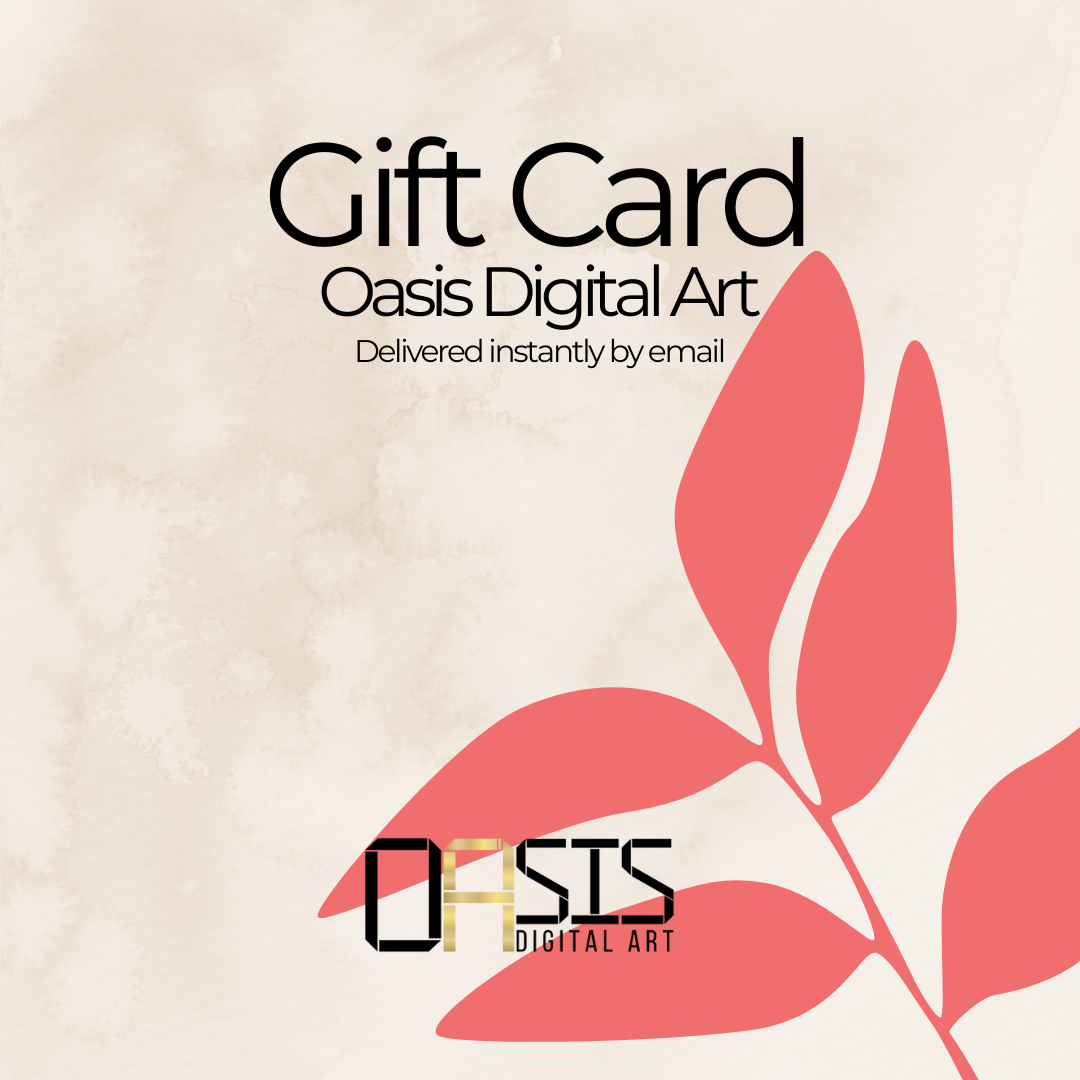 Gift card for Oasis Digital Art with coral red leaf design on a beige background