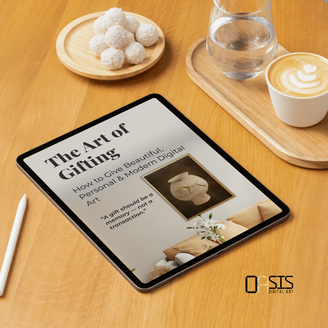 Tablet displaying 'The Art of Gifting' on a wooden table with a cup of coffee and cookies.