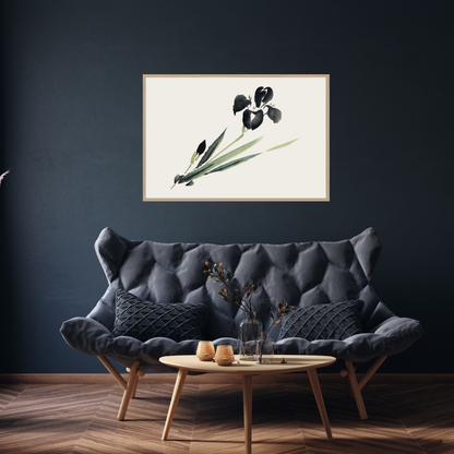 Framed Ukiyo-e iris botanical artwork above a dark gray sofa in a living room.