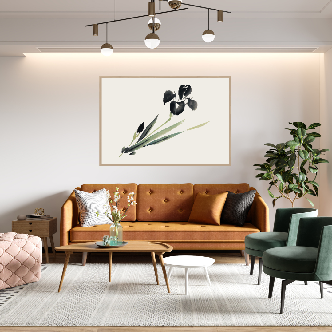 Modern living room with brown sofa, green chairs, and a floral Ukiyo-e painting on the wall.