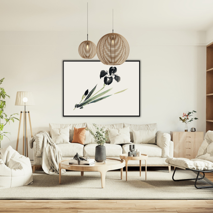Modern neutral living room with a sofa, coffee table, and decorative elements featuring Ukiyo-e iris ink art.