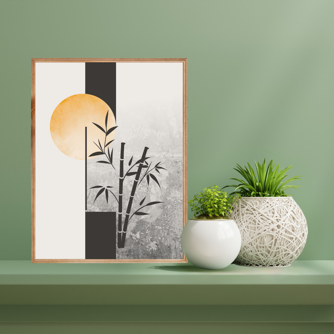 Framed Japandi abstract art with bamboo and a sun on a green shelf with decorative minimalist pots.
