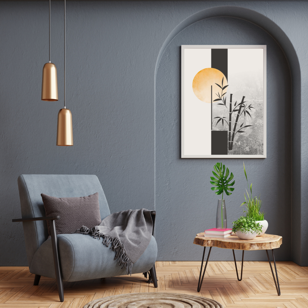 Modern cozy reading nook with a gray armchair, wooden coffee table, and a Japandi wall art.