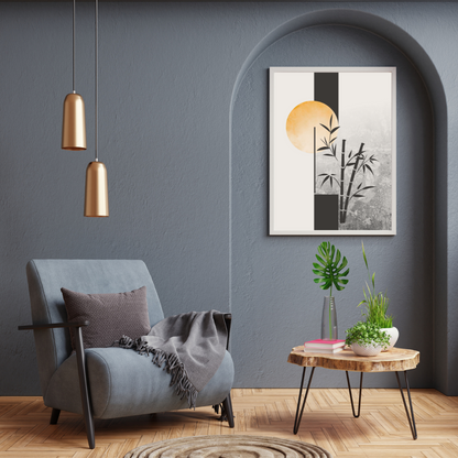 Modern cozy reading nook with a gray armchair, wooden coffee table, and a Japandi wall art.